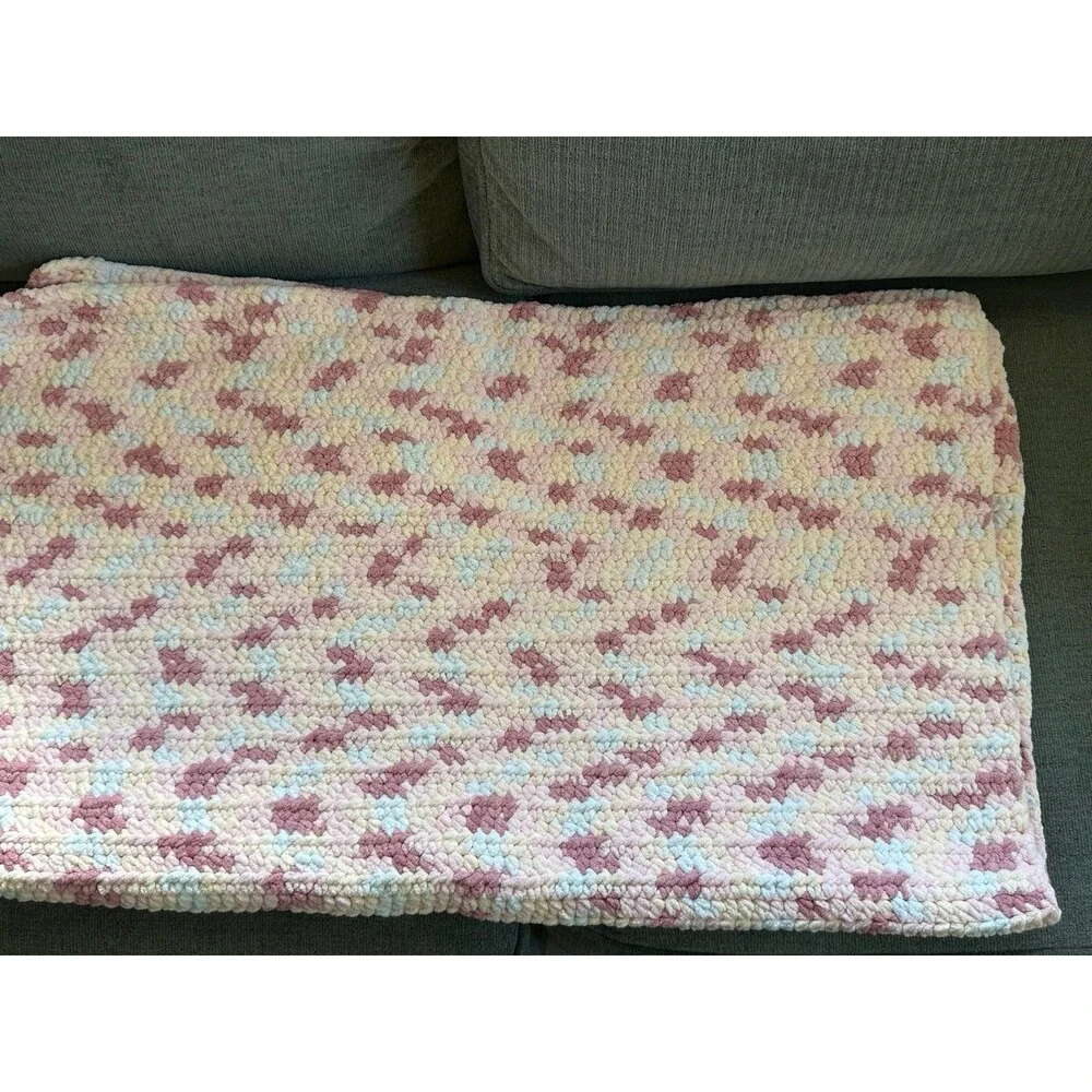 Handmade Bernat Chunky Chenille Yarn Tight Crochet Multicolor Baby Girl Blanket